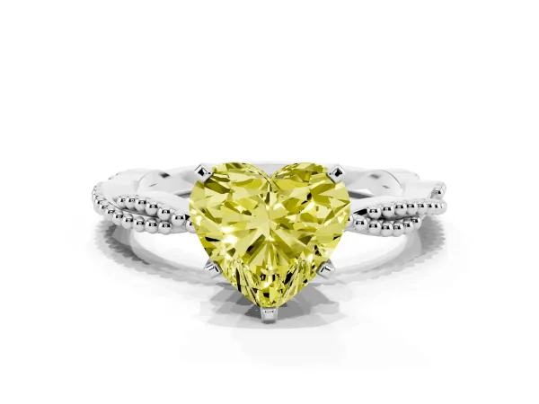 Fancy Yellow Heart Cut Solitaire Twisted Band with Bead Prong Setting White gold