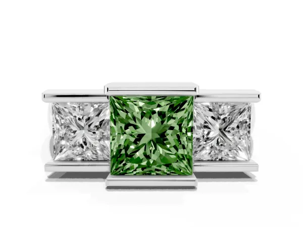 Fancy Green Three Stone Princess Cut Cut Channel Set Diamond Ring Platinum