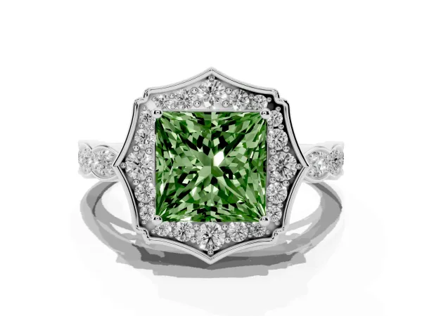 Fancy Green Princess Cut Halo Diamond Engagement Ring with Milgrain Band and Four-Prong Setting Platinum