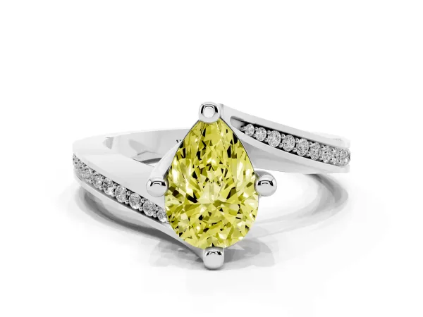 Fancy Yellow Pear Cut Solitaire Diamond Twist Band with Pavé Setting and Four-Prong Setting Platinum