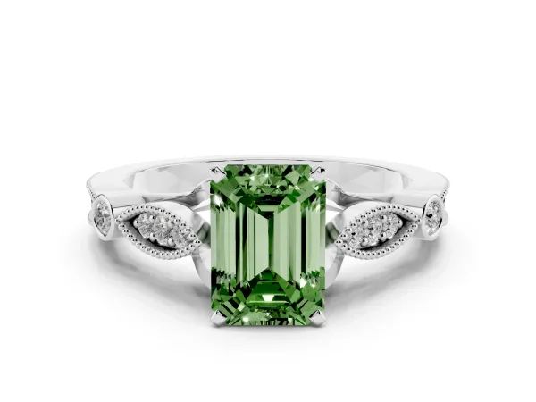 Fancy Green Emerald Cut Cut Diamond with Milgrain Marquise and Bezel Accents on a Solitaire Band with Prong Setting White gold
