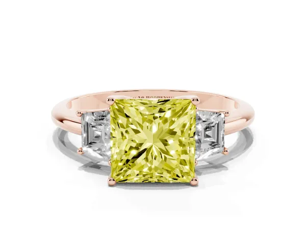 Fancy Yellow Princess Cut Diamond Three-Stone Ring with Trapezoid Side Stones and Prong Setting Rose gold