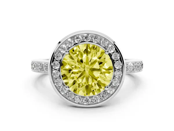 Fancy Yellow Round Cut Diamond Halo Ring with Bezel Frame and Pavé Band White gold