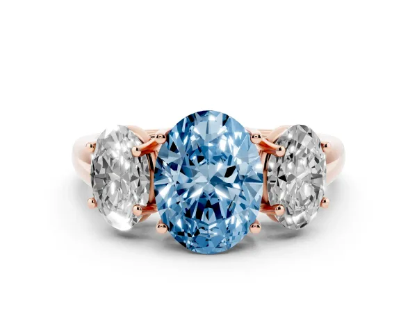 Fancy Blue Three-Stone Oval Cut Diamond Engagement Ring with Prong Setting Rose gold