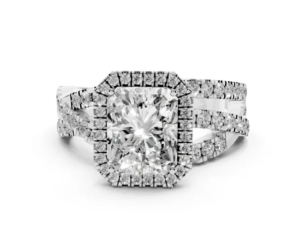 Radiant Cut Diamond Halo Ring with Round Split Shank and Prong Setting White gold