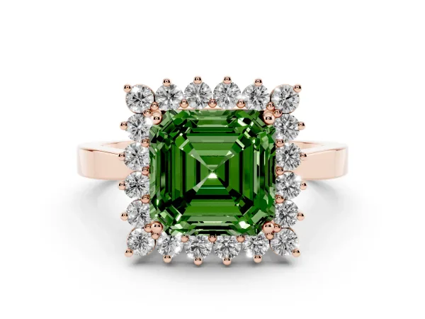 Fancy Green Asscher Cut Cut Diamond Halo Ring with Round Brilliant Halo and Solitaire Band Rose gold