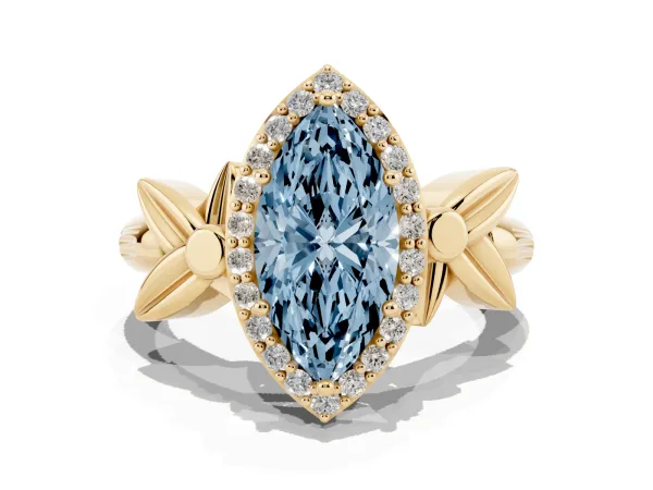 Fancy Blue Marquise Cut Halo Diamond Floral Band with Four-Prong Setting Yellow gold