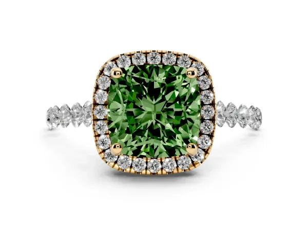 Fancy Green Cushion Cut Halo Pavé Diamond Engagement Ring with Four-Prong Setting Yellow gold