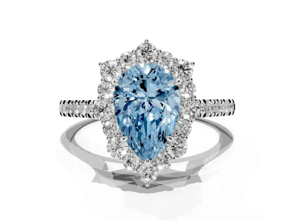 Fancy Blue Pear Cut Halo Diamond Ring with Pavé Band and Prong Setting Platinum