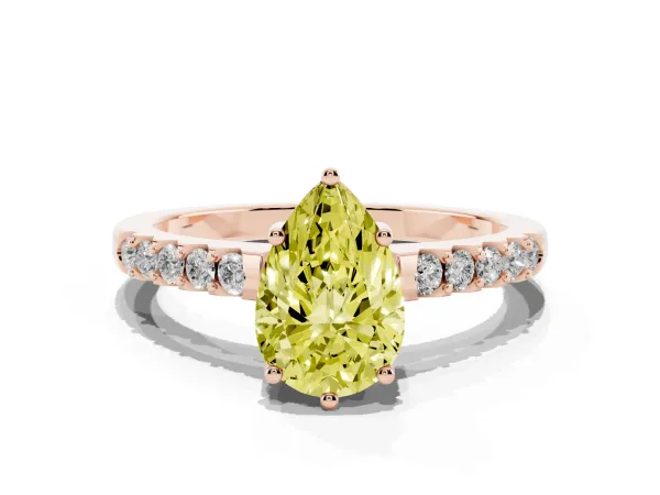 Fancy Yellow Pear Cut Solitaire Diamond Engagement Ring with Pavé Band and Six-Prong Setting Rose gold