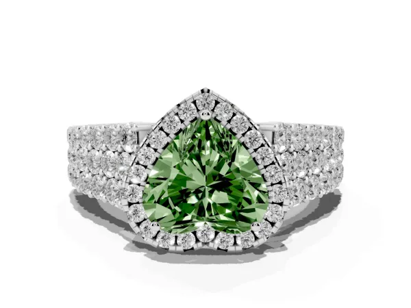 Fancy Green Heart Cut Diamond Halo Engagement Ring with Triple Row Round Pavé Band and Prong Setting Platinum