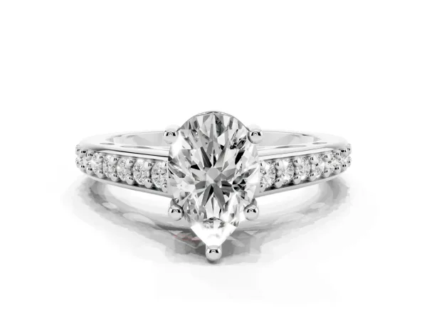 Pear Cut Solitaire Prong Set Diamond Engagement Ring with Pave Band Platinum