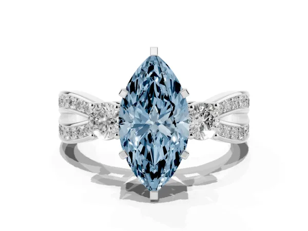 Fancy Blue Three-Stone Marquise Cut Cut Diamond Twist Band with Prong Setting White gold