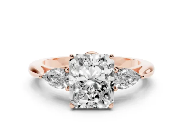 Three-Stone Radiant Cut Brilliant Diamond Solitaire Ring with Tapered Band and Four-Prong Setting Rose gold