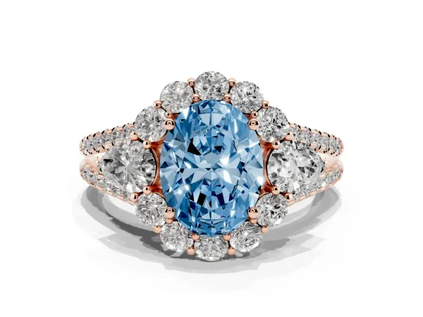 Fancy Blue Oval Cut Halo Split Shank Diamond Engagement Ring with Prong Setting Rose gold