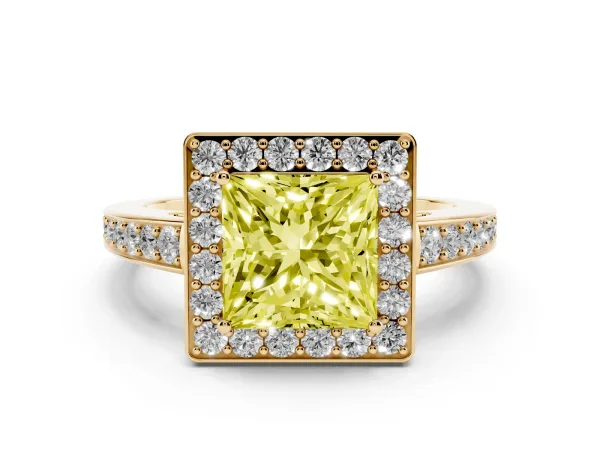 Fancy Yellow Princess Cut Halo Pavé Diamond Engagement Ring with Bezel Setting Yellow gold