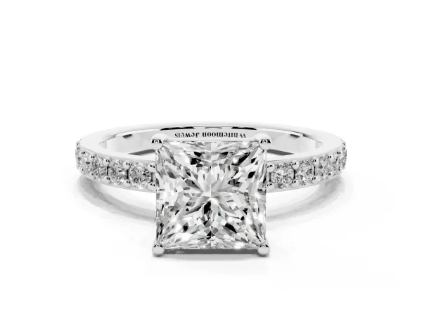 Princess Cut Cut Diamond Solitaire with Pave Band and Four-Prong Setting Platinum