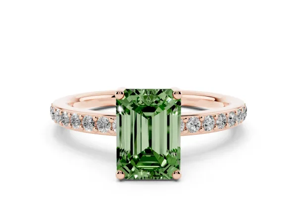 Fancy Green Emerald Cut Cut Diamond Pavé Band Ring with Four-Prong Setting Rose gold