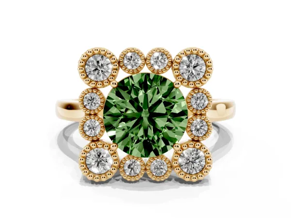 Fancy Green Round Cut Halo Diamond Cluster Engagement Ring with Milgrain Bezel Setting and Solitaire Band Yellow gold