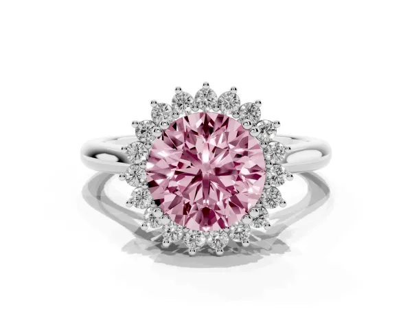 Fancy Pink Round Cut Cut Diamond Halo Ring with Solitaire Band and Prong Setting White gold