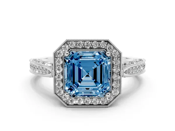 Fancy Blue Asscher Cut Halo Diamond Engagement Ring with Split Shank Band and Four-Prong Setting Platinum