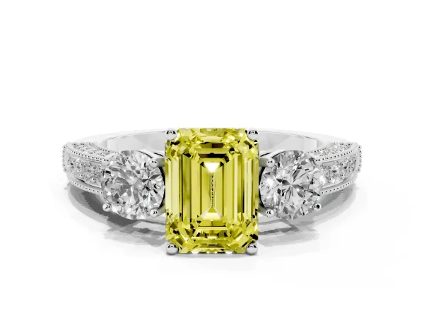 Fancy Yellow Emerald Cut Three-Stone Diamond Ring with Pavé Band and Four-Prong Setting White gold
