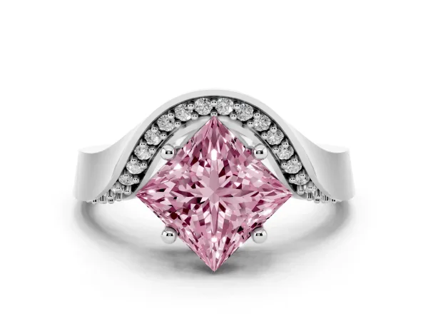 Fancy Pink Princess Cut Solitaire Diamond Engagement Ring with Pave Band and Four-Prong Setting White gold