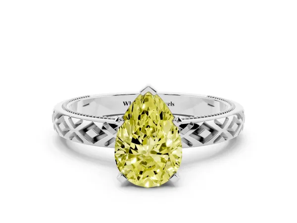 Fancy Yellow Pear Cut Solitaire Diamond Ring with Milgrain and Black Enamel X Pattern Band Platinum