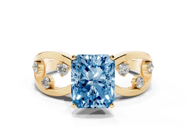 Fancy Blue Radiant Cut Cut Solitaire Diamond with Side Stones on Criss-Cross Band and Four-Prong Setting Yellow gold