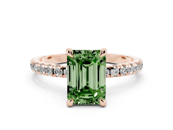 Fancy Green Emerald Cut Diamond Brilliant Solitaire Ring with Pavé Band and Four-Prong Setting Rose gold