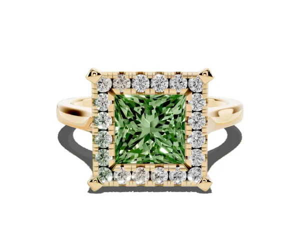 Fancy Green Princess Cut Diamond Cluster Halo Solitaire with Four-Prong Setting Yellow gold