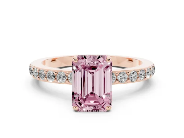 Fancy Pink Emerald Cut Diamond Solitaire Engagement Ring with Pavé Band and Four-Prong Setting Rose gold