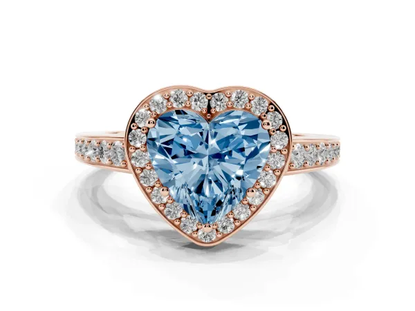 Fancy Blue Heart Cut Halo Pavé Diamond Engagement Ring with Bezel Setting Rose gold