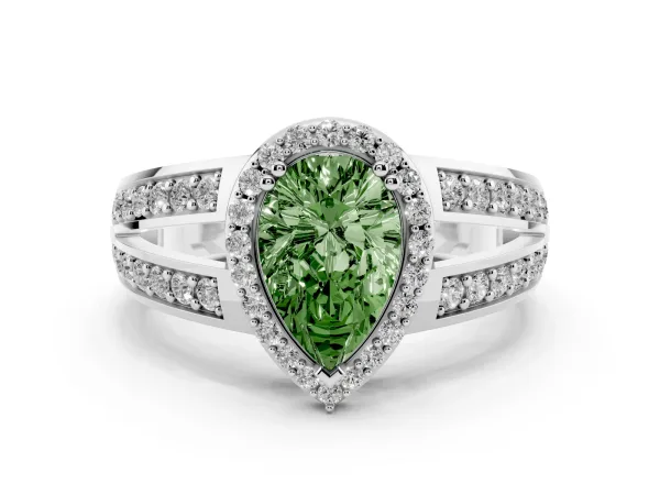 Fancy Green Pear Cut Diamond Halo Ring with Split Shank Pavé Band and Four-Prong Setting Platinum