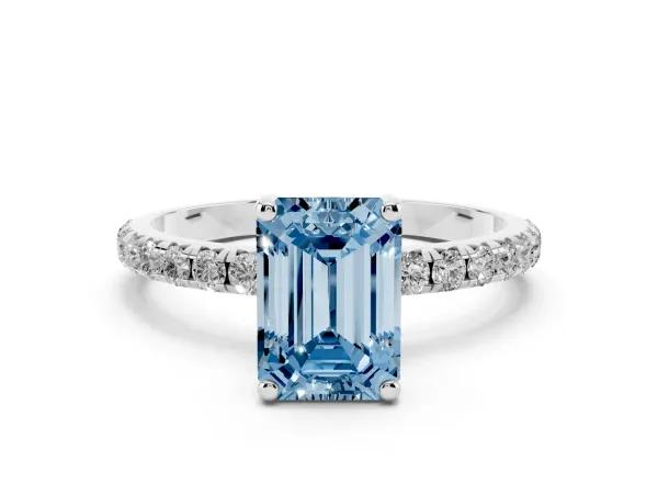 Fancy Blue Emerald Cut Cut Diamond Solitaire Ring with Micro Pave Band and Four Prong Setting Platinum