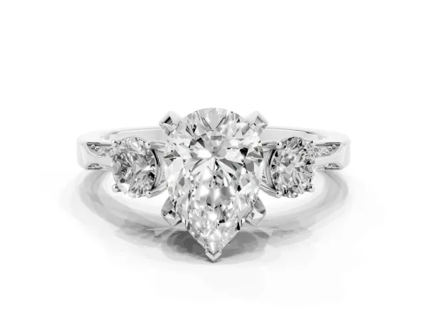 Pear Cut Brilliant Three-Stone Diamond Ring with Pavé Band and Four-Prong Setting Platinum