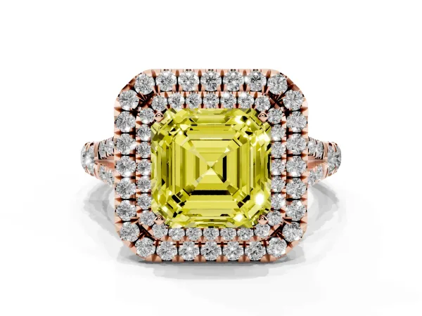 Fancy Yellow Asscher Cut Cut Double Halo Split Shank Diamond Ring with Prong Setting Rose gold