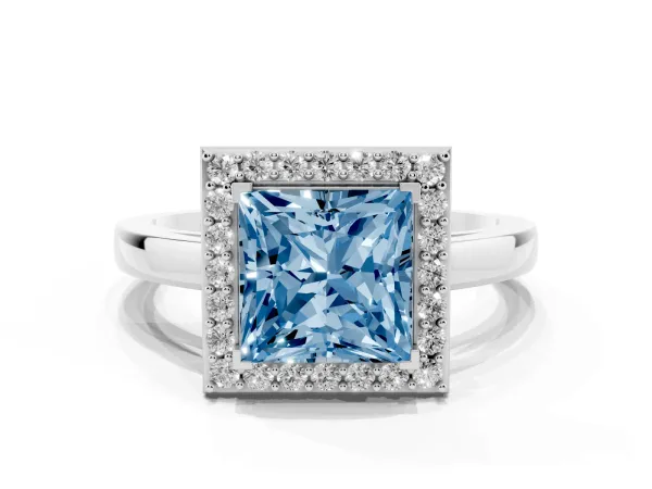 Fancy Blue Princess Cut Halo Diamond Ring with Solitaire Band and Prong Setting Platinum