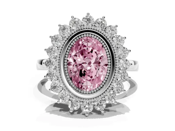 Fancy Pink Oval Cut Halo Diamond Ring with Milgrain Edge and Round Prong Setting White gold