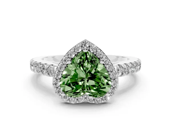Fancy Green Heart Cut Cut Halo Diamond Engagement Ring with Pave Band and Four-Prong Setting White gold