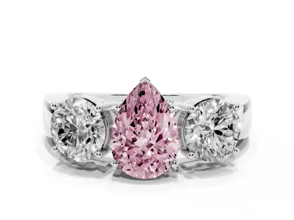 Fancy Pink Three-Stone Pear Cut Diamond Ring with Round Side Stones, Classic Band, and Four-Prong Setting Platinum