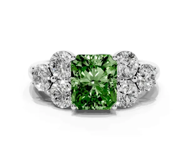 Fancy Green Radiant Cut Cut Diamond Cluster Ring with Round Accent Stones and Prong Setting on a Classic Band Platinum