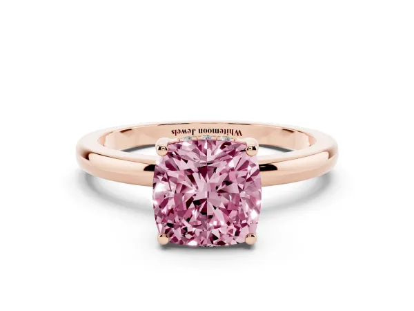 Fancy Pink Cushion Cut Solitaire Diamond Ring with Prong Setting and Plain Band Rose gold
