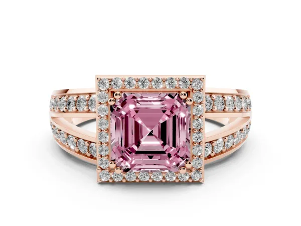 Fancy Pink Asscher Cut Diamond Halo Ring with Split Shank Pavé Band and Four-Prong Setting Rose gold