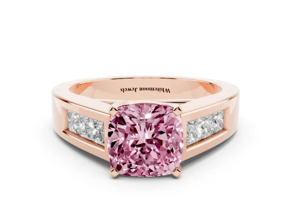 Fancy Pink Cushion Cut Cut Channel Set Solitaire Ring with Four-Prong Setting Rose gold