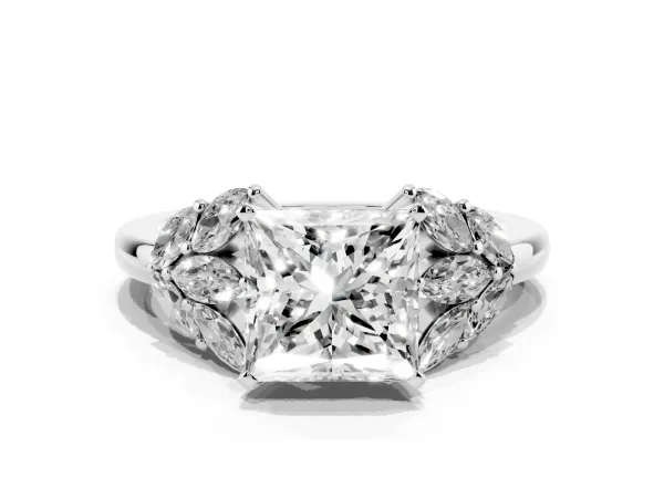 Princess Cut Diamond Cluster Leaf Design Ring with Prong Setting Platinum