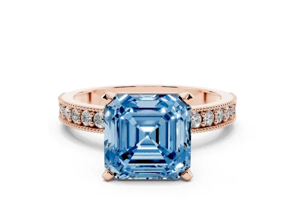 Fancy Blue Asscher Cut Diamond Milgrain Pavé Engagement Ring with Four-Prong Setting Rose gold