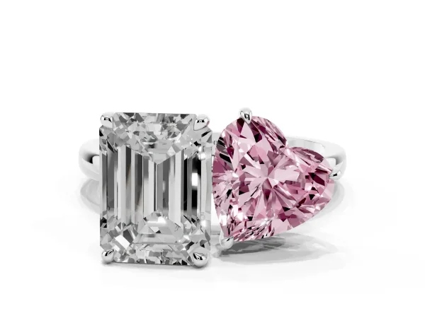 Fancy Pink Heart Cut and Emerald Cut Toi Moi Ring with Prong Setting White gold