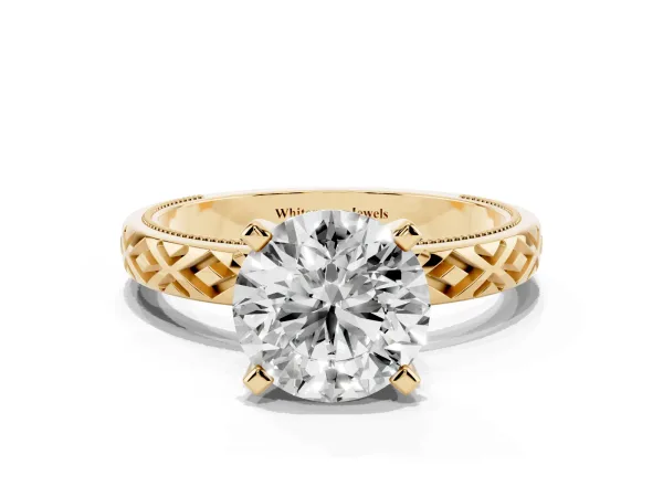 Round Cut Solitaire Diamond Ring with Milgrain and Black Enamel X Pattern Band Yellow gold