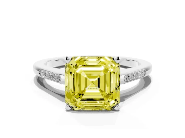 Fancy Yellow Asscher Cut Diamond Solitaire Ring with Channel Set Round Band and Prong Setting Platinum